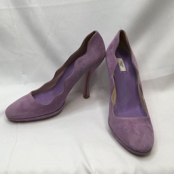 Prada Womens High Heels 38 Lavendar Suede Scalloped Edge Platform Leather Pumps - Picture 9 of 11
